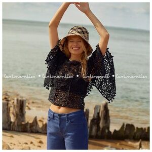 Anthropologie Boat-Neck Victorian Cutwork Pom-Pom 2-piece Black Medium